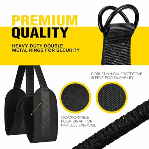 Premium quality exercise straps with heavy-duty double metal rings, nylon protective sleeve, and foot strap for comfort.
