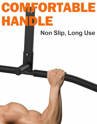Person gripping a pull-up bar with text 'comfortable handle, non slip, long use'.