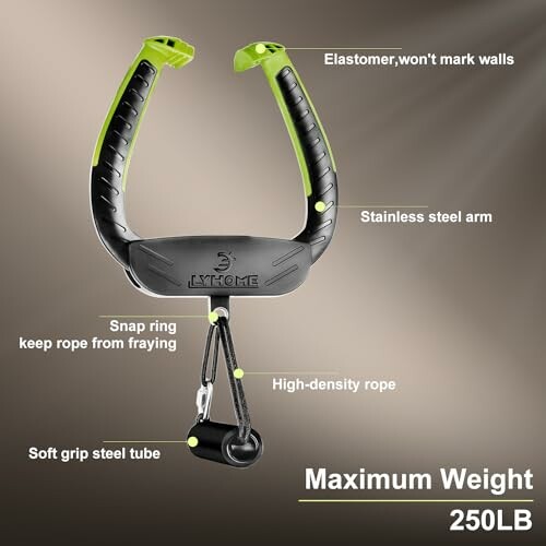Home pull-up bar with features labeled, including elastomer ends, stainless steel arm, and high-density rope.