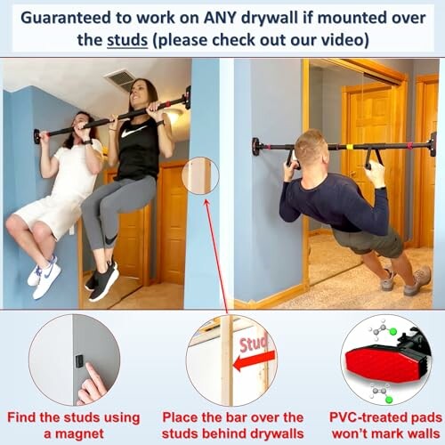 People using a pull-up bar mounted on drywall with instruction images.