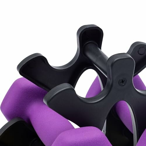 Close-up of purple dumbbells on a rack.