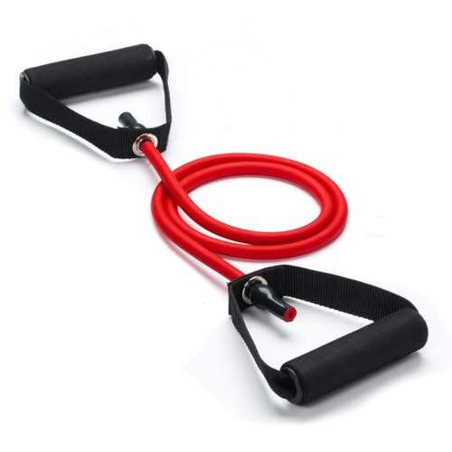 Red resistance band with black handles for exercise.