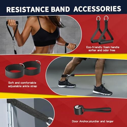 Resistance band accessories including foam handle, ankle strap, and door anchor.