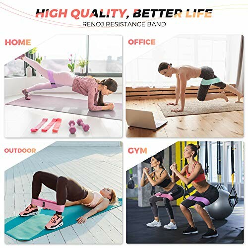 Four scenes of people using resistance bands: at home, in the office, outdoors, and at the gym.
