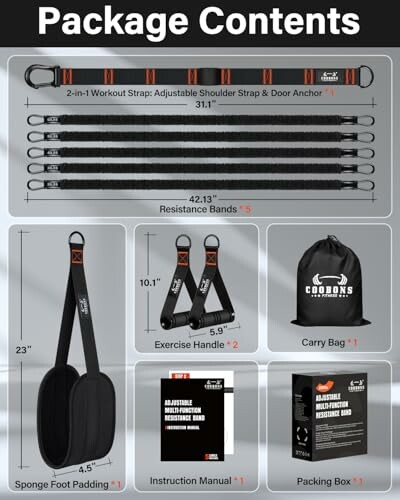 Contents of a resistance band package including workout strap, resistance bands, exercise handles, foot padding, carry bag, manual, and box.