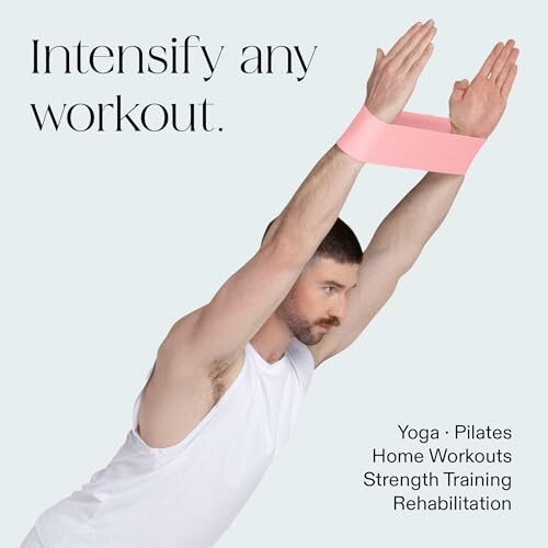 Man stretching with resistance band, promoting various workouts like yoga and pilates.