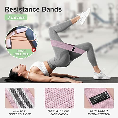 Woman using resistance bands for leg exercise with product details.