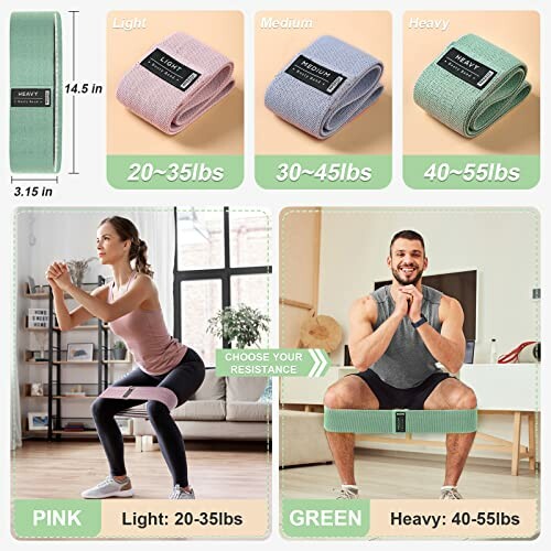 Resistance bands in light, medium, and heavy with people demonstrating exercises.