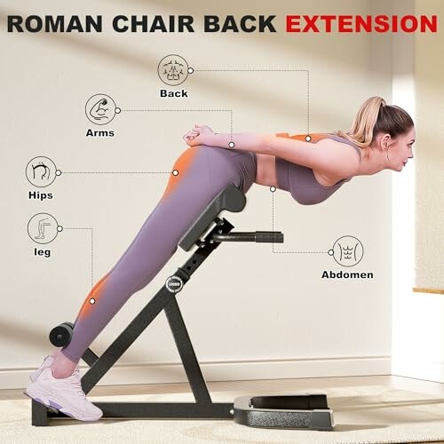 Woman performing back extension on Roman chair with labeled muscle groups.