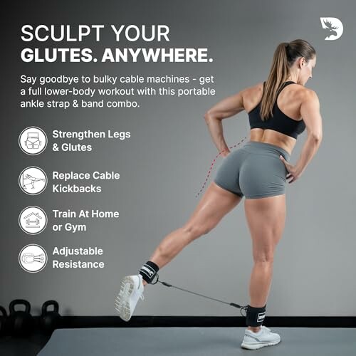 Woman using ankle strap and band for glute workout.