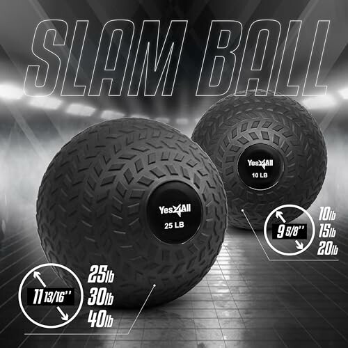 Two slam balls with weights and dimensions in a gym setting.