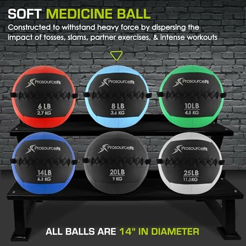 Display of six soft medicine balls on shelves, each labeled with weight and color.