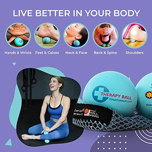 Therapy ball exercises for various body areas, including hands, feet, neck, back, and shoulders.