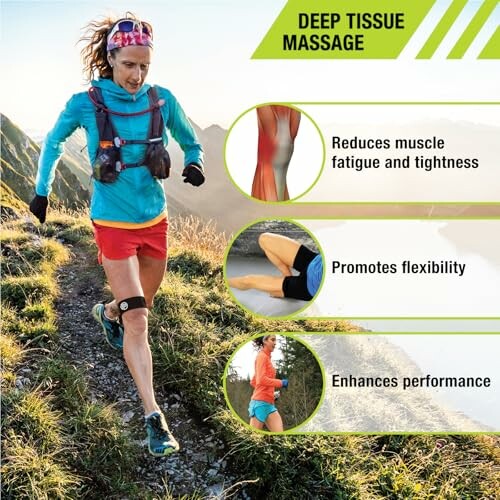 Trail runner with deep tissue massage benefits highlighted.