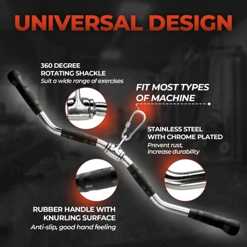 Universal design machine handle with rotating shackle and rubber grip.