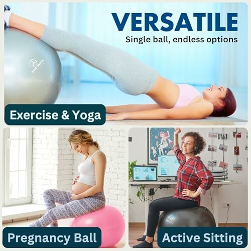 Three uses of exercise balls for fitness, pregnancy, and active sitting.