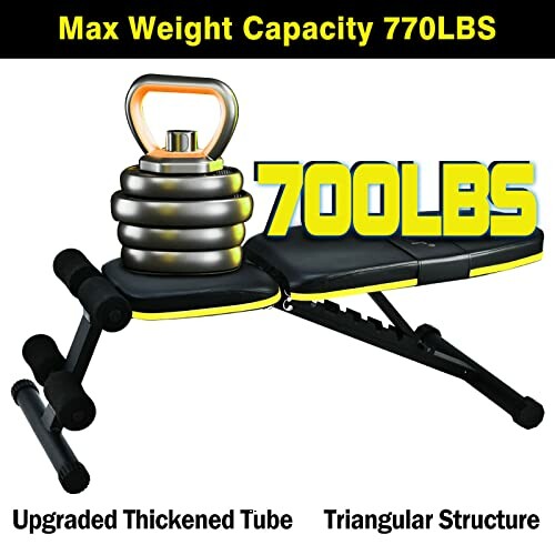 Weight bench with 770 lbs capacity and kettlebell.