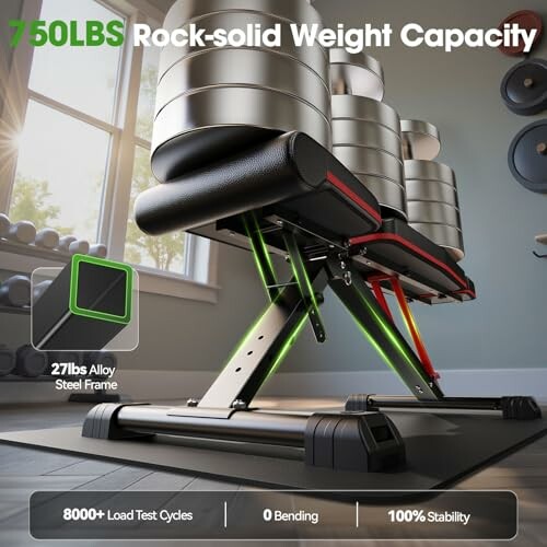 Heavy-duty weight bench with 750lbs capacity and steel frame.