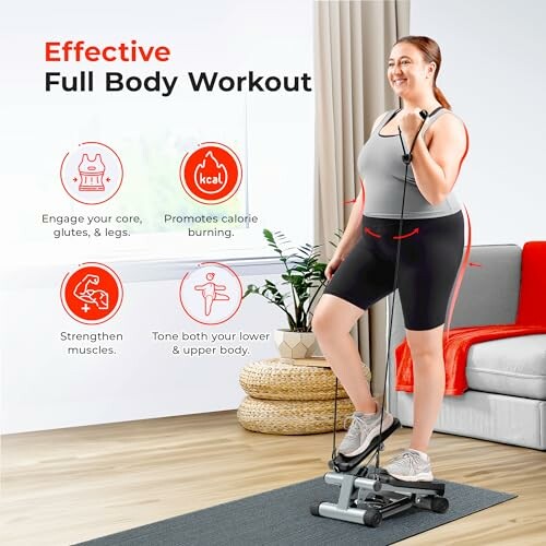 Woman using a stepper for a full body workout at home.