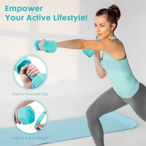 Woman exercising with dumbbells, showcasing grip and adjustable weight features.