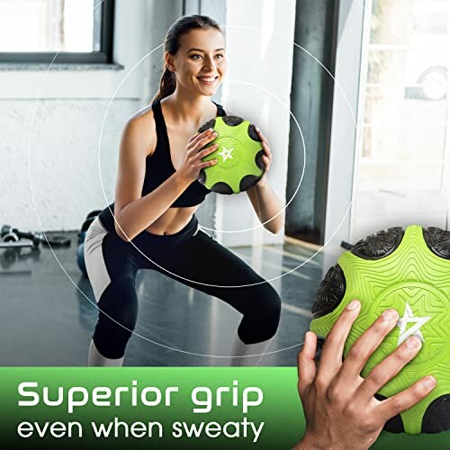Woman squatting with a green medicine ball, demonstrating the product's effectiveness in strength training exercises.