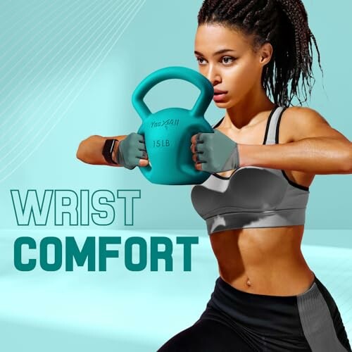 Woman holding kettlebell for wrist comfort.