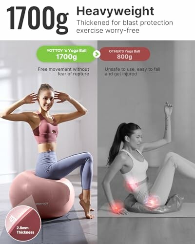 Comparison of Yottoy yoga ball vs others highlighting weight and safety.
