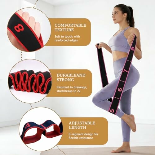 Woman using a multi-segment yoga stretch band, highlighting comfort, durability, and adjustable length.
